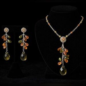 Olive & Amber Crystal Drop Necklace + Dangle Earrings Set